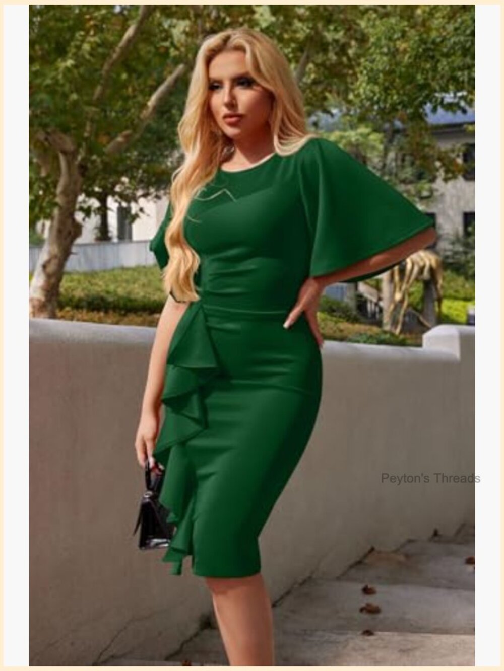 Ruffle Sleeve Ruched Bodycon Midi Pencil Dress - Picture 6 of 6